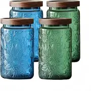 [ANSQU] Set of 4 Vintage Glass Mason Jars with Lids – 34 FL OZ Sunflower Design – Airtight Storage for Coffee, Tea, Cookies, Candy, Nuts – Kitchen & Pantry Organization (Blue & Green)