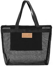 [Toguma] Mesh Beach Bag Pool Bag Mesh Tote Bag with Zipper Swim Bag for Travel Beach Backpack for Gym Mesh Storage Bag for Women (Black)