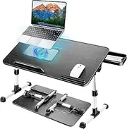 REASOR Lap Desk for Bed, Adjustable Height and Angle, Built-in Cooling Fan, with Storage Drawer, Aluminum Alloy Legs, USB Powered, 52x30cm Laptop Table for Bed, Sofa, Floor
