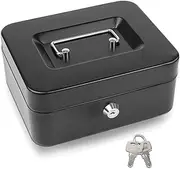 MTSDM Small Cash Box, Steel Cash Box with Removable Coin Tray and Key Lock, Metal Coin Piggy Bank Safe and Sturdy Petty Cash Tin Coin Bank With 2 Keys, Money Handling Security Box(Black,12.5x9.5x6cm)