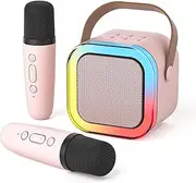 DRSYXCS Karaoke Machine for Kids Adults, Mini Bluetooth Speaker with 2 Wireless Microphones, Portable Singing Mic Toys Kit with Party LED Light and Voice Changer for 3-12 Years Old Boys Girls(Pink)