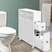 TOOLKISS Bathroom Cabinet Storage Toilet Organiser – Slim Space-Saving Mirror with Non-Woven Basket, Storage Drawers & Brush Holder – Durable MDF Board with Castor Wheels for Easy Movement
