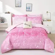 kiddiku Pink Glitter Comforter Set Full/Queen Size for Girls, Sparkle Galaxy Twinkle Starlight Comforter for Kids Teen,2 Piece Pink Ombre Pastel Bedding Set with 2 Pillow Cases(Pink,Queen)
