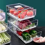 2 Pack 30x14x11CM Clear Large Fridge Organizer Bins with Pull Out Drawer & Drain Tray, Stackable Fridge Freezer Organizers, Sealed Kitchen Food Container Storage Box for Food Fruit Vegetable Drinks
