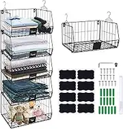 XL 5 Tier Hanging Closet Organizer with Name Plates & 4 Hooks - Foldable Wire Shelves Storage Baskets for Clothes, Shoes, Handbags - Wall Mount/Cabinet/Closet Organizers
