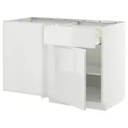METOD / MAXIMERA corner base cab w drawer and shelf, white/Voxtorp high-gloss/white, 128x68x80 cm