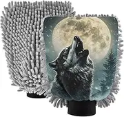 XYMZR Howling Wolf Moon Absorbent Microfiber Car Wash Mitt, Funny Cute Anime Scratch Free for Cars Cleaning, Home Cleaning Mitts, 2 Pack, 10.24” L x 7.09” W