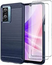 [QINOUK] for Oppo A57 Case, Shockproof Anti-Fingerprint Brushed Texture Design TPU Flexible Material with [2-Pack] Tempered Glass Screen Protector Compatible with Oppo A57-Blue