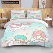 v821 Bed Sheets Kawaii Little Twin Stars Printed Bedding Set Cartoon Anime Duvet Cover Comforter Pillowcase Boys Girls Kids Adults King 3-Piece Beddi