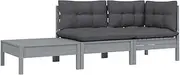 vidaXL 3-Piece Pinewood Garden Lounge Set with Cushions – Sturdy Outdoor Patio Furniture - Includes Corner Sofa, Middle Sofa, Footstool/Table – Grey/Anthracite