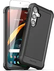 Encased Falcon Designed for Samsung Galaxy S24 Case with Tempered Glass Screen Protector, Full Body Protective Phone Case (Black)