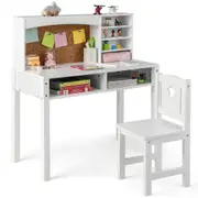 Costway Desk &Chair Set Wood Study Table w/Chair Drawers Bulletin Board Bookshelf White