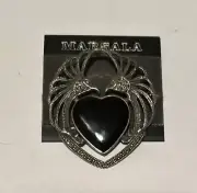 Marsala Sterling Silver Marcasite Black Onyx Heart Lovebirds Brooch Pin