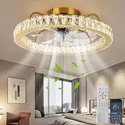Ganeed Modern Dimmable LED Gold Crystal Ceiling Fans with Light, 50cm Round Low Profile Ceiling Fan with Lamp, 24W Flush Mount Fan Lighting Fixture for Living Dining Room Bedroom