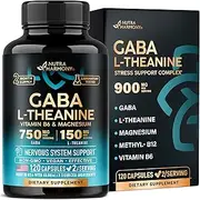 GABA L-Theanine - Stress Relief Supplement 900mg - Made in USA - Magnesium | Vitamin B6 - Natural Calm | Sleep | Relaxation | Mood Support - 750 mg Gamma AminoButyric Acid - 120 Vegan Non-GMO Capsules