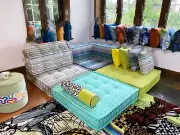 Mah Jong Sofa Teal Lime Full Couch set for Living room Boho Floor Level Sofas