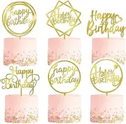 6-Pack Gold Birthday Cake Topper Set, Double-Sided Glitter, Acrylic Happy Birthday Cake Toppers/Cupcake Toppers, Birthday Decorations for Children or Adults