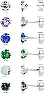 [Dochais] 6Pairs Titanium Stud Earrings for Men Women, G23 Titanium Earrings for Sensitive Ears Flat Back Stud Earrings Cartilage Earring Cubic Zirconia Hypoallergenic Flat Back Earrings Studs