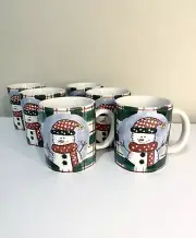 Snowmen Holiday Set of 6 - 10oz Coffee Mugs with Red and Green Buffalo Plaid