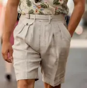 Men Gurkha Cotton Linen Formal Shorts Trousers Summer Business Pants Retro S-3XL