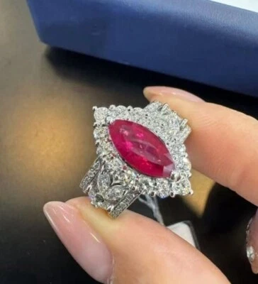 2.16 Ct Marques Cut Natural Ruby Diamond Engagement Ring 14K solid White gold