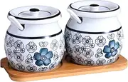 JunHa Rustic Elegant 2 Count Ceramic Spice Jar Set with Lid and Spoon, Perfect for Spices, 9 Ounces, 3.7 x 3.7 x 3.5 Inches