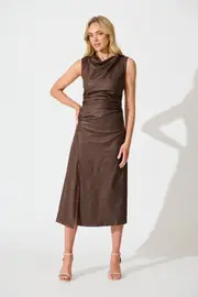 Women's Party Portland Midi Dress Sleeveless in Brown Chocolate 8