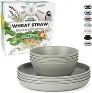 Grow Forward Premium Wheat Straw Plates and Bowls Sets - 8 Unbreakable Microwave Safe Dishes - Reusable Wheat Straw Dinnerware Sets - Plastic Plates and Bowls Alternative for Camping, RV - Feather