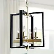 Industrial Lantern Chandelier, 4-Light Modern Geometric Semi Flush Mount Ceiling Light Fixture, Black & Champagne Gold Farmhouse Pendant Lighting Fixtures for Living Room Kitchen Island Hallway Foyer