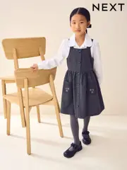 Grey Button Front Embroidered Pinafore School Dress (3-14yrs) (AW4874) | $22 - $28
