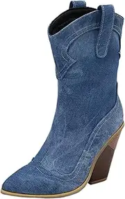 [JEUROT] Women's Western Cowboy Boots Retro Pull On Pointed Toe Cowgirl Boots Wide Calf Chunky Low Heel Mid Calf Boot Shoes