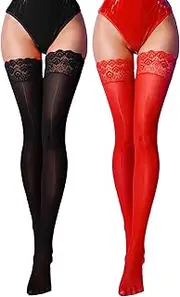 [KEOYA] Women Lace Top Oil Shiny Thigh High Stockings 15D Stay Up Shimmer Smooth Sheer Tights Hosiery 2 Pairs