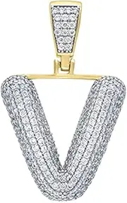 [JewelryWeb] 925 Sterling Silver Yellow tone Unisex CZ Cubic Zirconia Simulated Diamond Bubble Letter Name Personalized Monogram Initial Alphabet V Charm Pendant Necklace