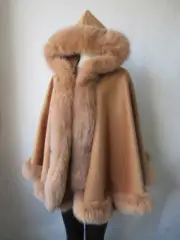 Women's New Caramel Cashmere Wool Wrap Cape Hood Fox Fur CYBER MONDAY SALE