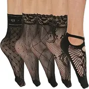 [generic] Women Sexy Summer Short Over Ankle Boat Socks Fishnet Mesh Black Floral Lace Patchwork Breathable Hollow