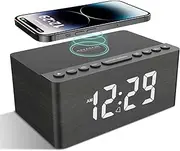 ANJANK Radio Alarm Clock Digital with Wireless Charging, 10 W Fast Wireless Charger for iPhone/Android Phone, USB Charger and Dimmable LED Display, Mains Operated, Battery Backup, Speaker, Wood (Grey)
