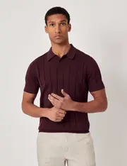 Hawes & Curtis Claret Inverted Rib Knitted Polo Shirt | Short Sleeve Size: XL