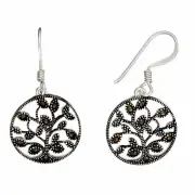 Sterling Silver Dangle Earrings Marcasite Tree of Life Wiccan Symbol - Silverly