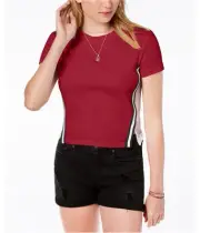 Almost Famous Womens Side Stripe Mesh Back Basic T-Shirt, Red, Juniors, Medium