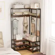 CostwayCorner Garment Rack L-shaped Clothes Rack with Open Shelves and 7 Hooks-Walnut