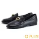 ORIN 皮帶金屬釦真皮樂福平底鞋 黑色