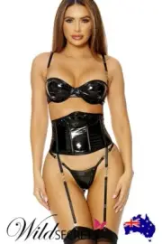 NEW Forplay Link Up Three Piece Wet Look Bra Set, Womens Sexy Lingerie
