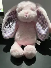 Personalised 33cm Plush Bunny in Pink or Grey- WECOME TO THE WORLD