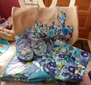 Vera Bradley Blueberry beach- straw tote, towel, flip flops M, ditty bag, Zip ID