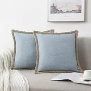 [NordECO HOME] Set of 2 Throw Pillow Covers - Burlap Linen Trimmed Tailored Edges Decorative Cushion Covers for Bed Home Decoration, 18 x 18, Light Blue