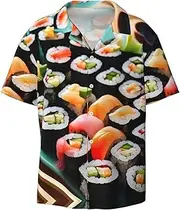 [YANYU] Sushi Print Hawaiian Shirts Men Short Sleeve Button Down Cuban Collar Shirt Summer Beach Days
