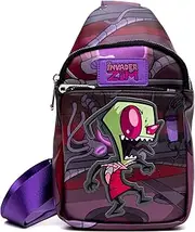 [Buckle-Down] Nickelodeon Vegan Leather Crossbody Sling Bag with Adjustable Straps, Invader Zim Laughing Pose Applique, Purple, 11.0" x 6.5"
