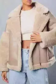 misspap womens jacket stone contrast borg detail aviator size 14