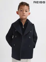 Reiss Navy Bergamo 9-13 yrs Wool-Blend Twill Double-Breasted Coat (860925) | $220