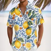 Men's Fruit Lemon Tropical Plants Summer Hawaiian Shirt Button Up Shirt Aloha Shirt Short Sleeve Shirt Turndown Hawaiian Vacation Holiday Beach Wear Blue Dark